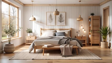 Cozy Scandinavian Farmhouse Bedroom with Natural Wood Accents  generative AI