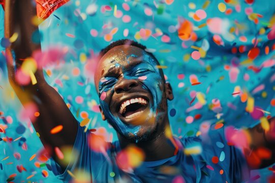 Vibrant blue, green painted face of black man stands out against backdrop of colorful confetti, exuding energy, celebration. Wears blue shirt, black clothing, holding flag as cheers in dynamic