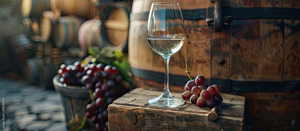 Poster old winery setting with a wine glass on a wooden box creating a rustic ambiance ideal for text place