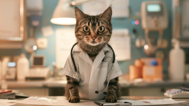 A cat in a doctor's coat stands confidently at a veterinary office, with medical equipment and paperwork around, adding a humorous twist to the concept of pet care