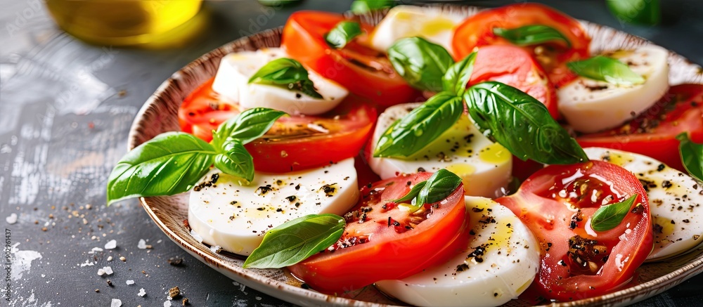 Aufkleber fresh italian caprese salad featuring tomatoes mozzarella basil and drizzled olive oil over a simple