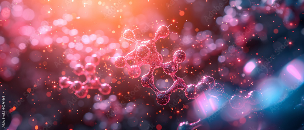 Poster abstract molecular structure with glowing particles and bokeh lights, abstract molecular structure w