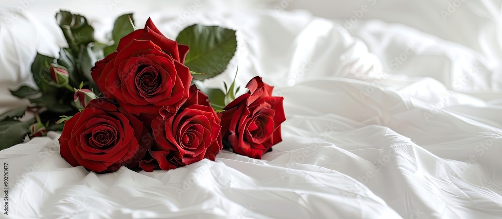 Poster romantic concept for valentine s day with a close up of a bunch of red roses on a white bed with a b
