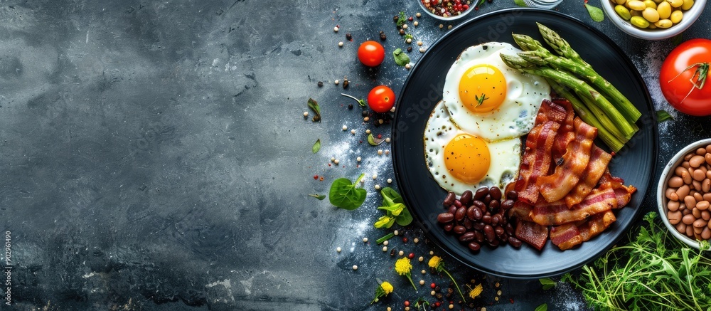 Poster Menu concept showcasing a nutritious breakfast with fried eggs bacon vegetables asparagus beans and coffee Background for food presentation with ample copy space in a top view shot