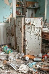 A messy room with a broken door and a broken mirror. The room is in a state of disarray and has a sense of abandonment