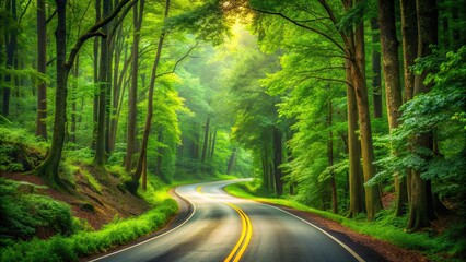 Obraz premium A scenic road winding through a lush forest, nature, trees, foliage, pathway, adventure, travel, journey, tranquil