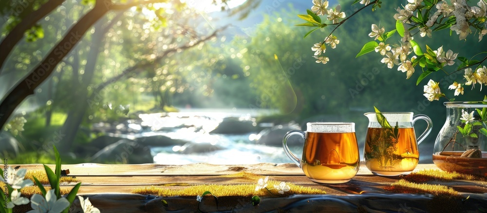Poster linden tea served with a serene view of nature and the flowing river in the backdrop creates a pictu