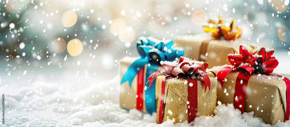 Poster gifts adorned with colorful ribbons set in a snowy scene with ample white space for adding text or g