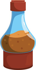 Glass bottle containing brown sauce with red cap, isolated on white background
