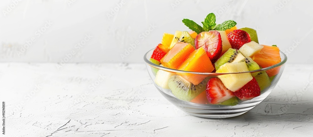 Poster fruit salad displayed in a glass bowl on a white table with copy space image