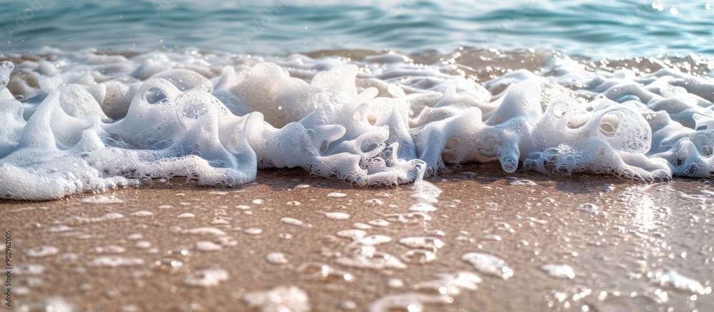 Poster sandy beach in summertime with gentle waves and white foam ideal as copy space image for travel them