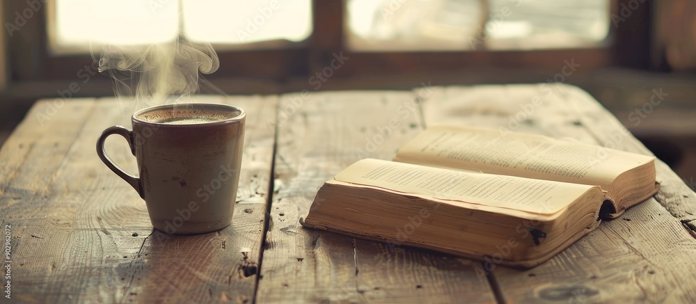 Poster Retro style vintage scene with a smoking hot coffee a book for relaxation on a wooden table offering space for additional images