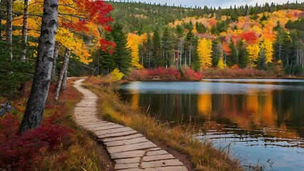 wooden path winds through a forest, alongside a calm