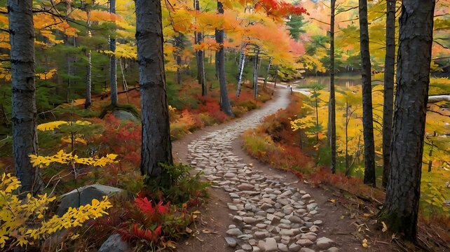 wooden path winds through a forest, alongside a calm