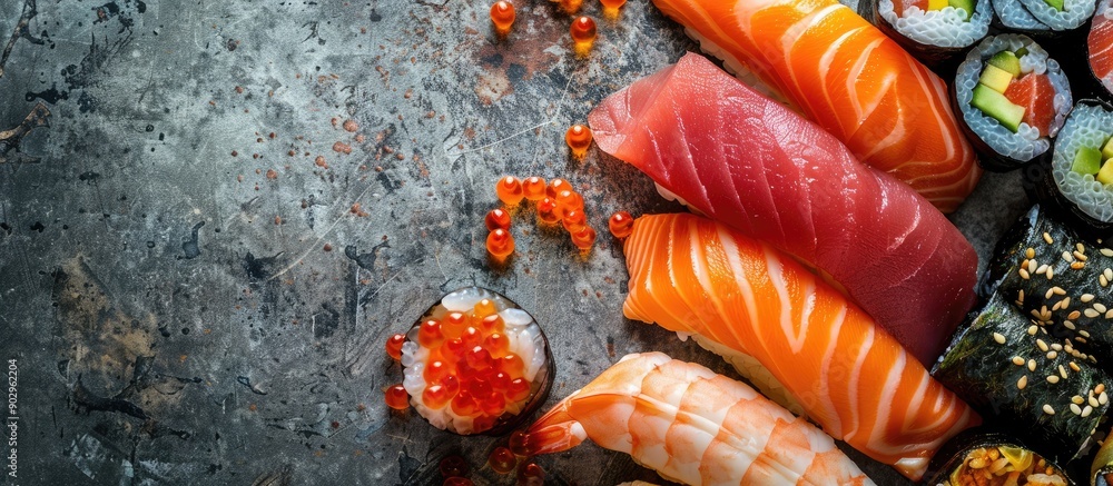 Poster top view of a variety of sushi rolls including salmon trout tuna tobiko caviar and nori on a rustic 