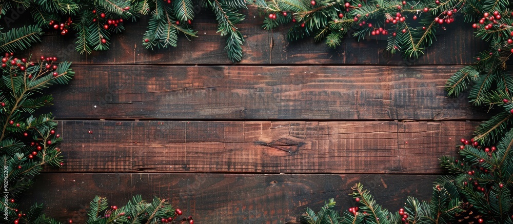 Fototapete wooden boards with fir branches red christmas decor and space for text in a top view copy space imag