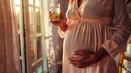 The pregnant woman holding vitamins