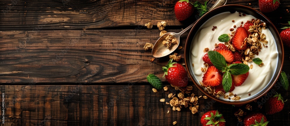 Poster a wooden background with a spoon greek yogurt granola and fresh red strawberries creating a dessert 