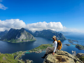 Majestic Hike in Norway's Lofoten Islands Under a Bright Blue Sky, Reinebringen Lofoten Norway