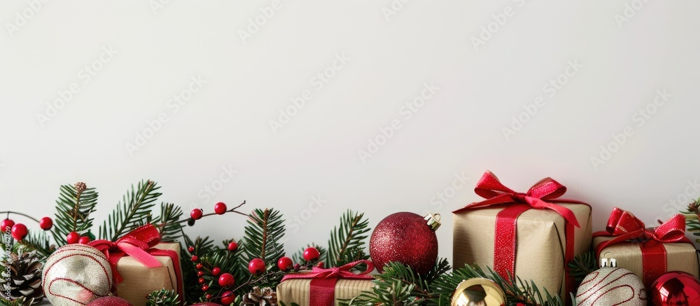 Poster A festive arrangement featuring Christmas presents adorned with a spruce twig and ornaments against a white backdrop creating a beautiful copy space image