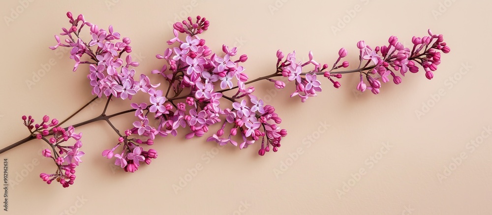 Aufkleber Floral lilac branch displayed as a flat lay with a close up view on a soft beige background offering copy space in a top view composition square