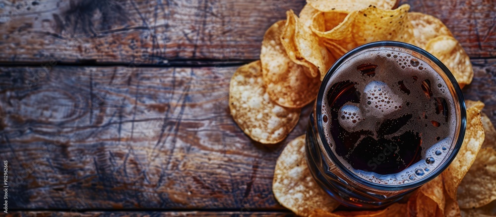 Poster snacks and chips pair with dark beer on a wooden surface creating a cozy ambiance in the copy space 