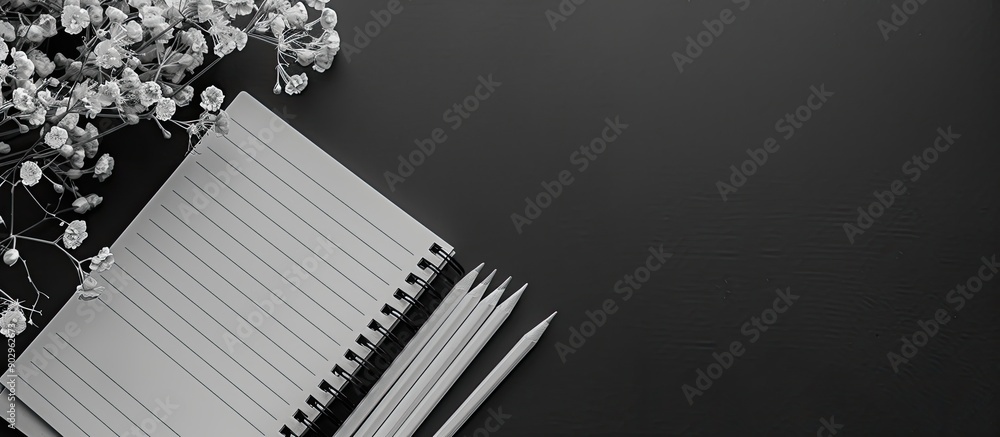 Poster monochrome desk with a lined up notebook pencils and a blank area for text includes mockup and copy 