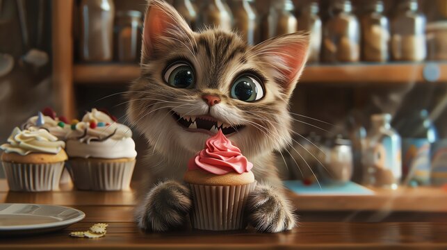 A cute cat joyfully holding a cupcake in a cozy bakery setting, surrounded by delicious treats.