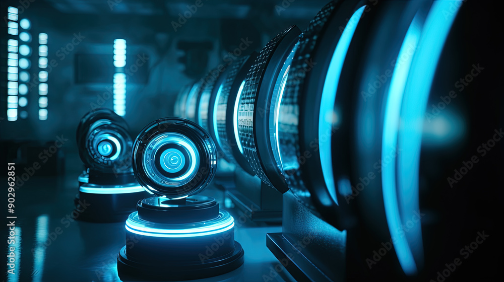Aufkleber technology abstract background with hud styled round interface elements in neon tech light.