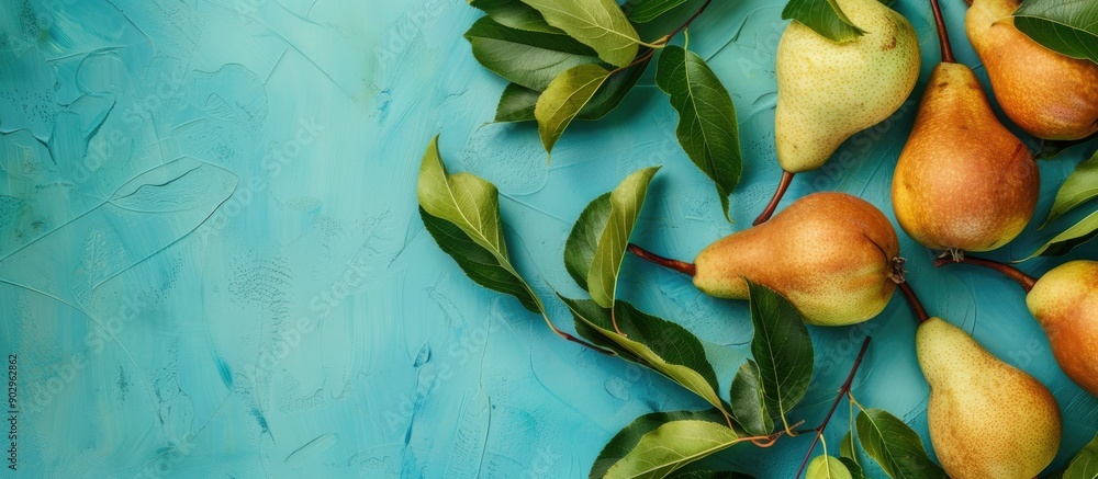 Poster fresh pears and leaves on a blue backdrop with copy space image