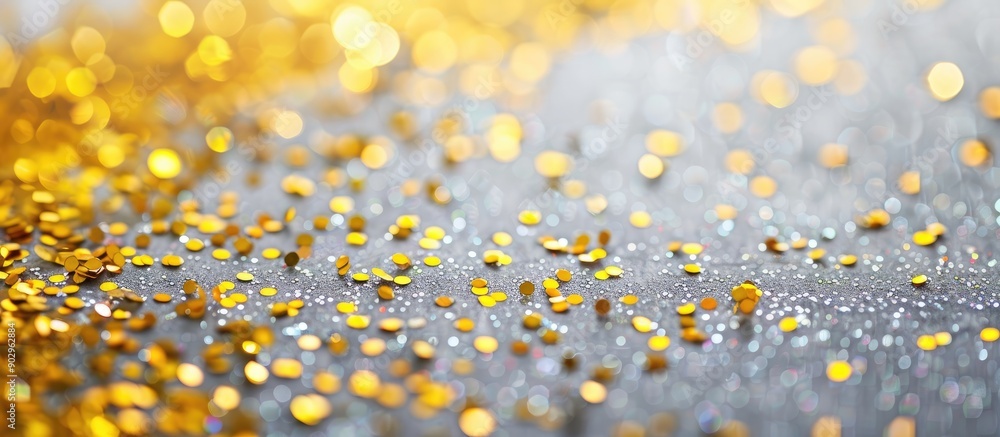 Poster festive concept shown in abstract gray backdrop adorned with bright yellow sequins for a striking co