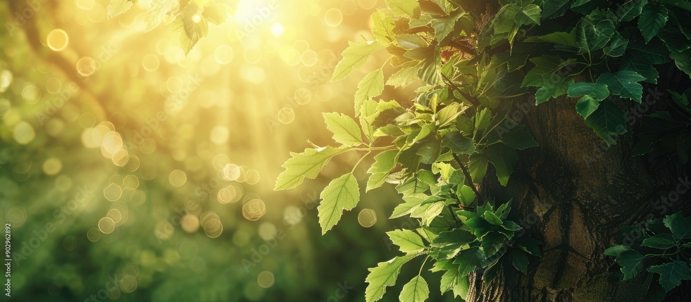 Poster sunlit tree with green leaves on a background of golden sunlight includes copy space image