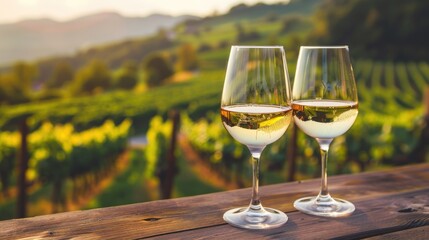 Elegant scene of two glasses of wine on a rustic wooden table, with a lush vineyard in the background, creating a sophisticated and relaxing setting.