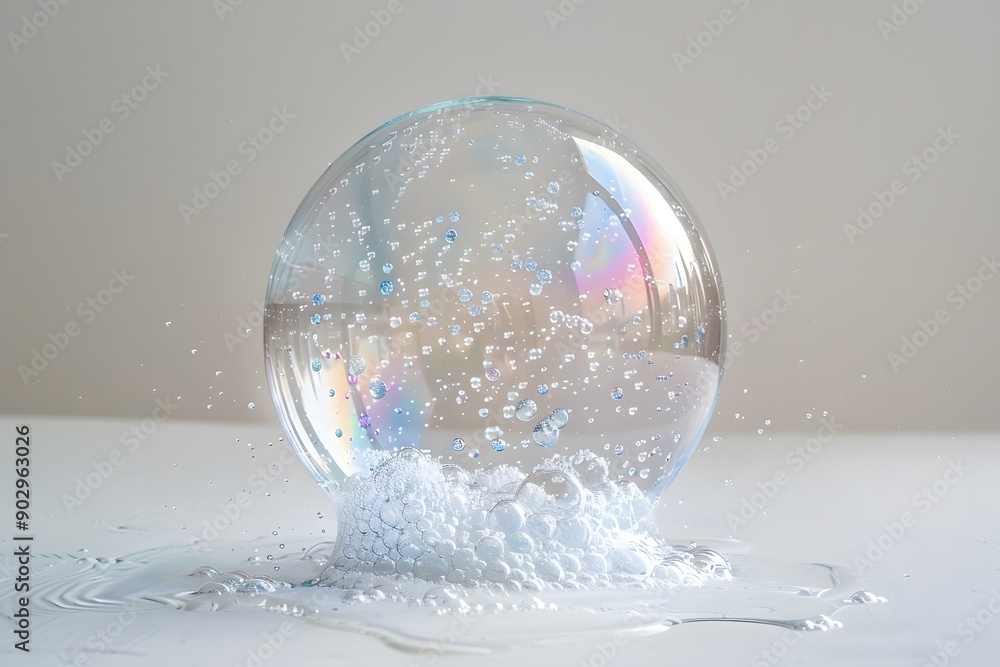 Poster captivating soap bubble with colorful reflections and surrounding foam