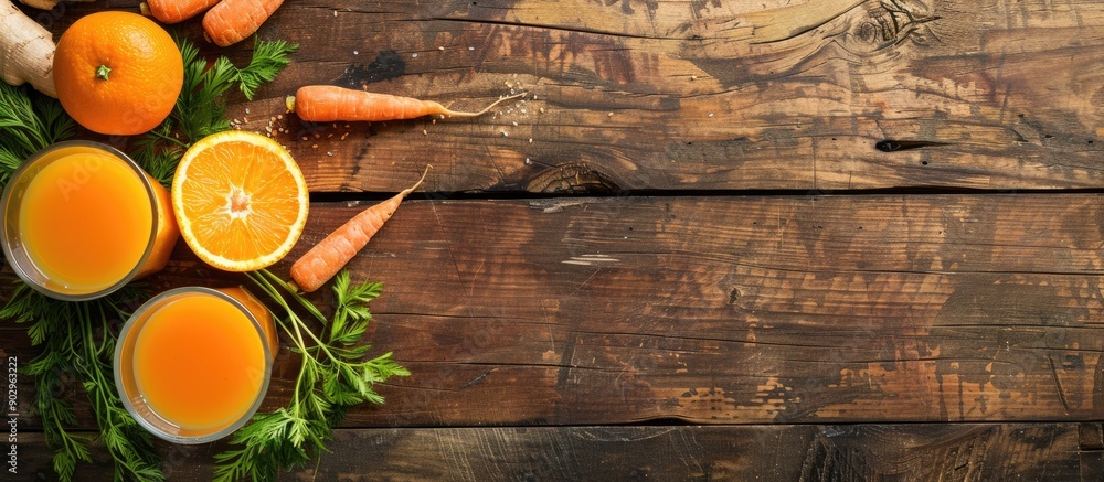 Poster wooden table with copy space image featuring orange juice and a carrot
