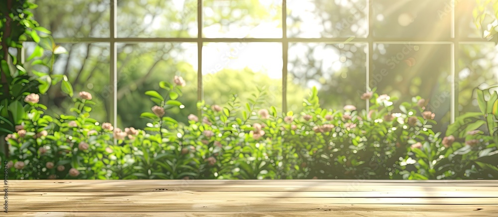 Poster wooden table without objects set against a blurred green garden view through a window ideal for show