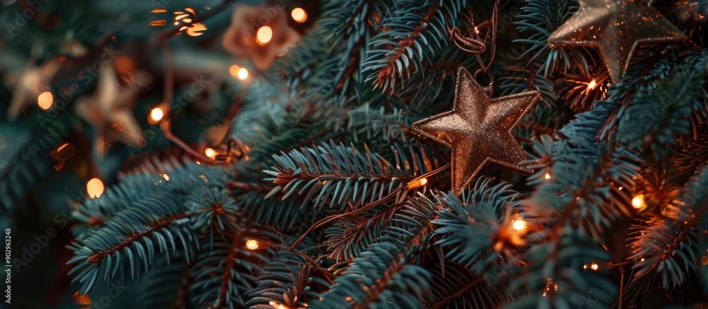 Poster a festive scene features brown stars on a fir tree backdrop with glowing garland lights creating a c
