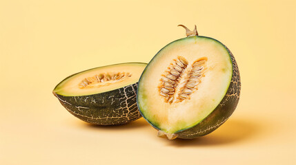 High-Resolution Product Photography of Whole and Sliced Green Melons on Yellow Background with Copy Space