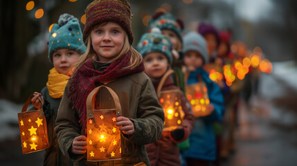 Group of children in warm winter clothing participates in St. Martin's Day procession holding glowing lanterns and singing.