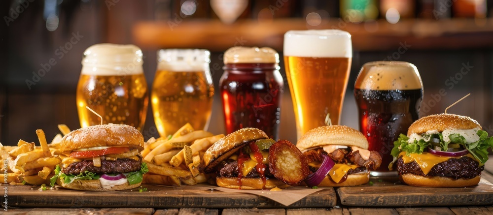 Poster Set of beers available with a variety of burger options with room for the image of your choice. Creative banner. Copyspace image