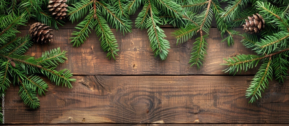 Poster rustic christmas wooden background featuring a fir tree with copy space image for xmas or new year g