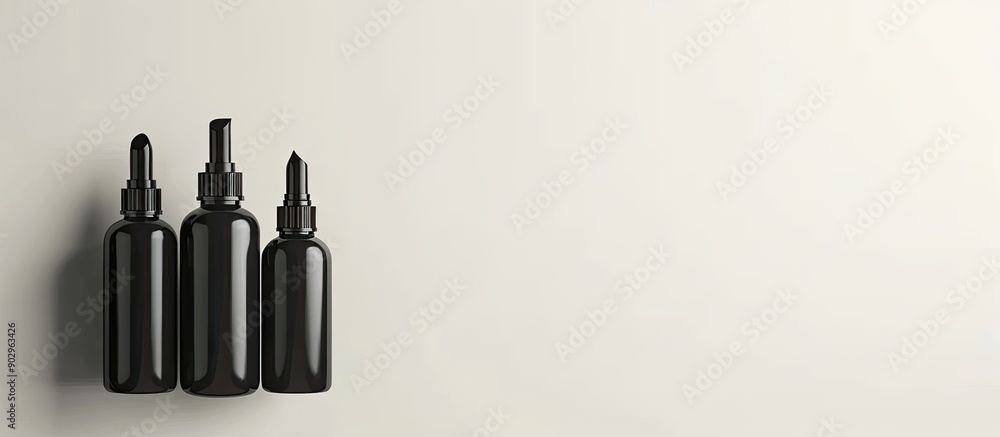 Poster minimalist concept with copy space image featuring dark cosmetic bottles against a light background 