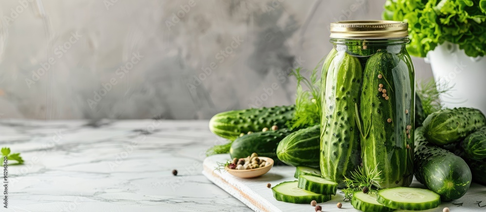 Aufkleber Fresh cucumbers in a pickling jar set on a white marble table with copy space image