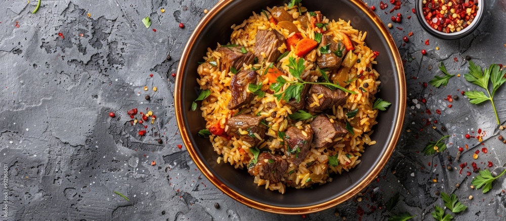 Poster Top view of lamb pilaf in a bowl on a stone surface with ample copy space image