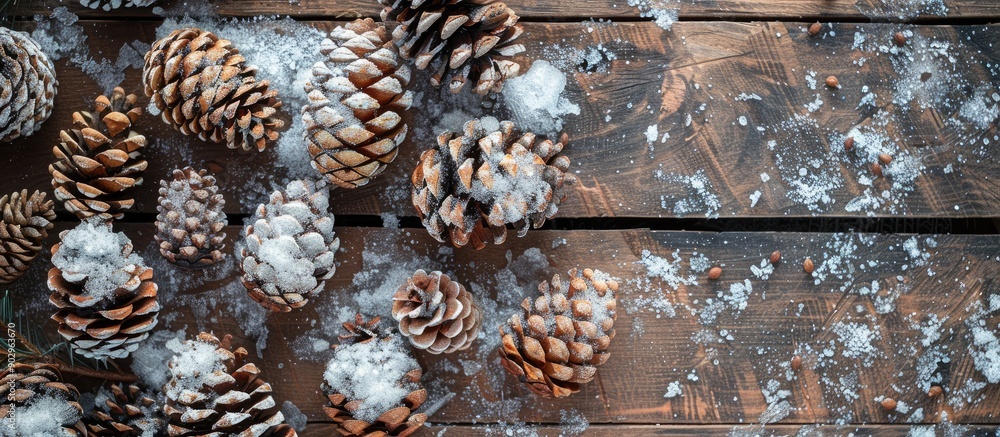 Aufkleber fake snow covers fir cones placed on a rustic wooden table with a copy space image