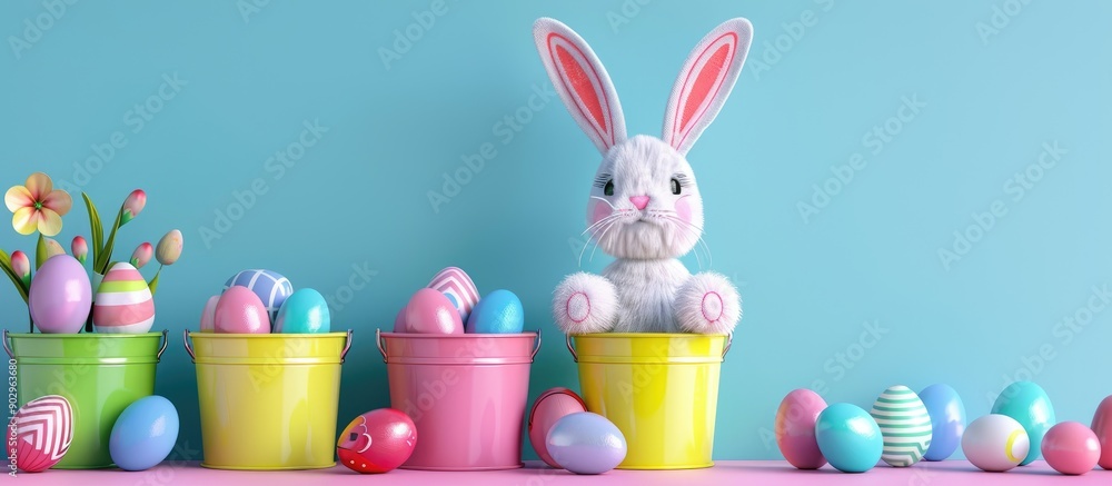 Poster happy easter card featuring easter eggs in colored buckets surrounded by an easter bunny mask on a c