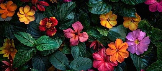 Fototapeta premium Various vibrant flowers of different hues are displayed in this captivating photo with fresh blossoms and lush green leaves enhancing the beauty of the image s copy space