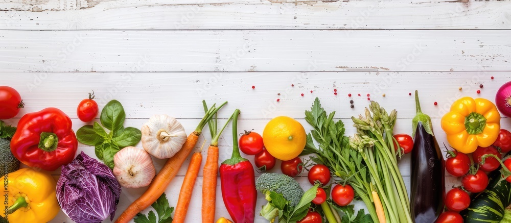Poster Mockup on white wooden table featuring an assortment of fresh and vibrant vegetables creating an appetizing background with room for text in the image. Creative banner. Copyspace image