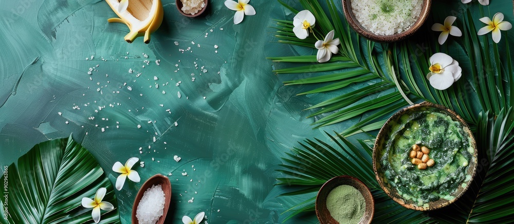 Aufkleber Spa themed elements displayed on a backdrop of banana leaf with copy space image