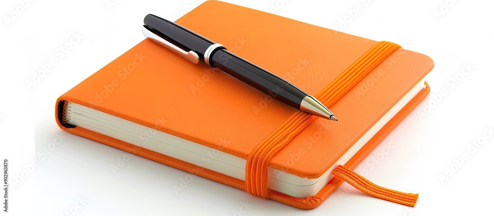 Poster an orange notebook diary and pen displayed on a white background with copy space image
